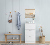 HAOYYE White Shoe Cabinet for Entryway Narrow 3 Tier Flip Down Shoe Storage Organizer Wooden Modern Shoe Rack for Hallway Bedroom Living Room Apartment Space Saving Design with Doors